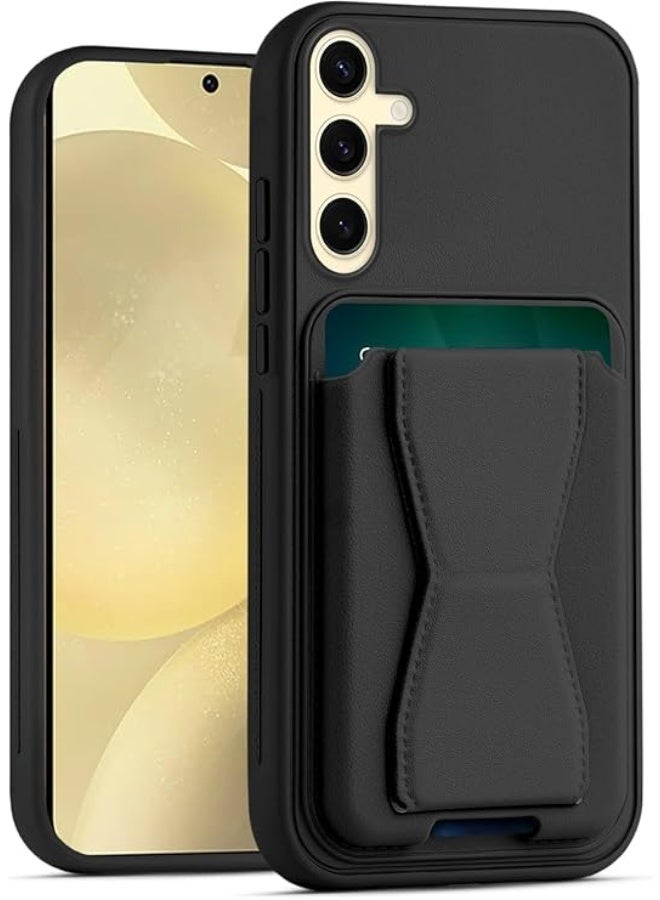 جراب محفظة جلدي متوافق مع هاتف سامسونج جالاكسي S25 FE، غطاء خلفي من الجلد مع إطار من مادة TPU، جراب هاتف واقٍ مقاوم للصدمات مع حامل للبطاقات (أسود) - Image 1